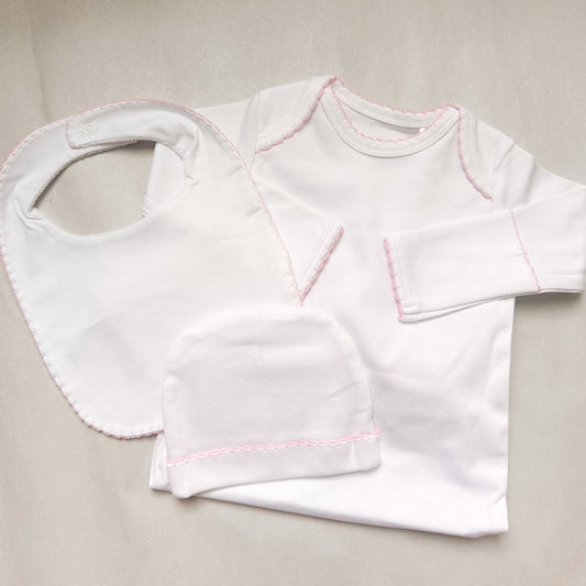 baby girl trim gown bib and hat