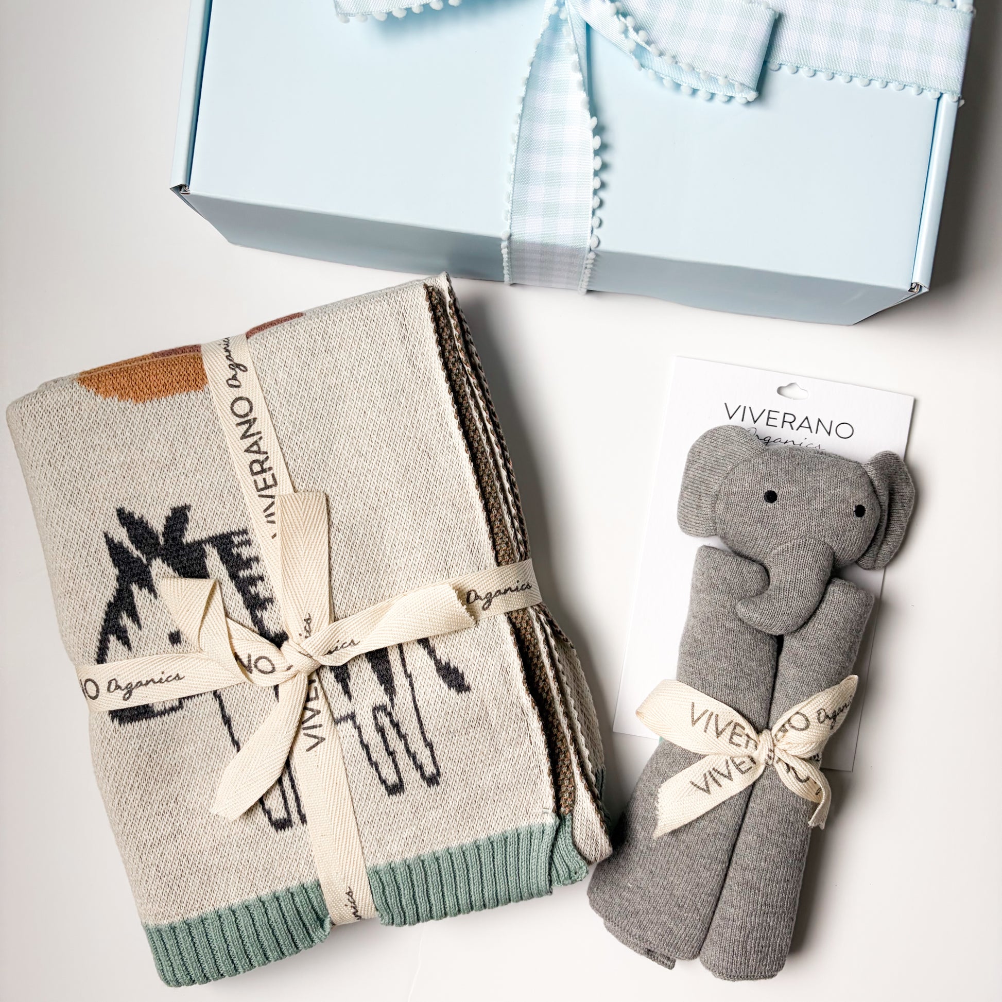 blue alphabet knit blanket and elephant lovey