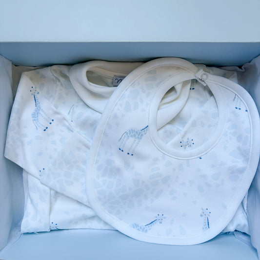 blue giraffe gift box with a baby gown and bib