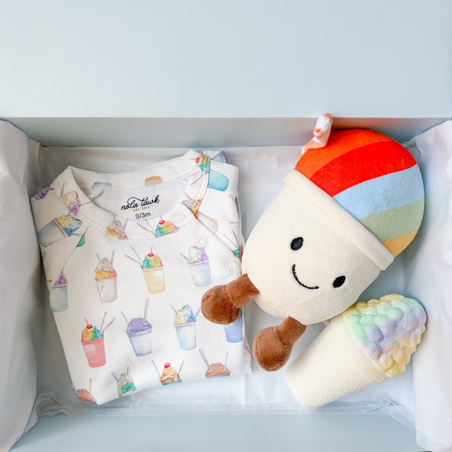 snoball gift box with onsie, plsuh toy and teether