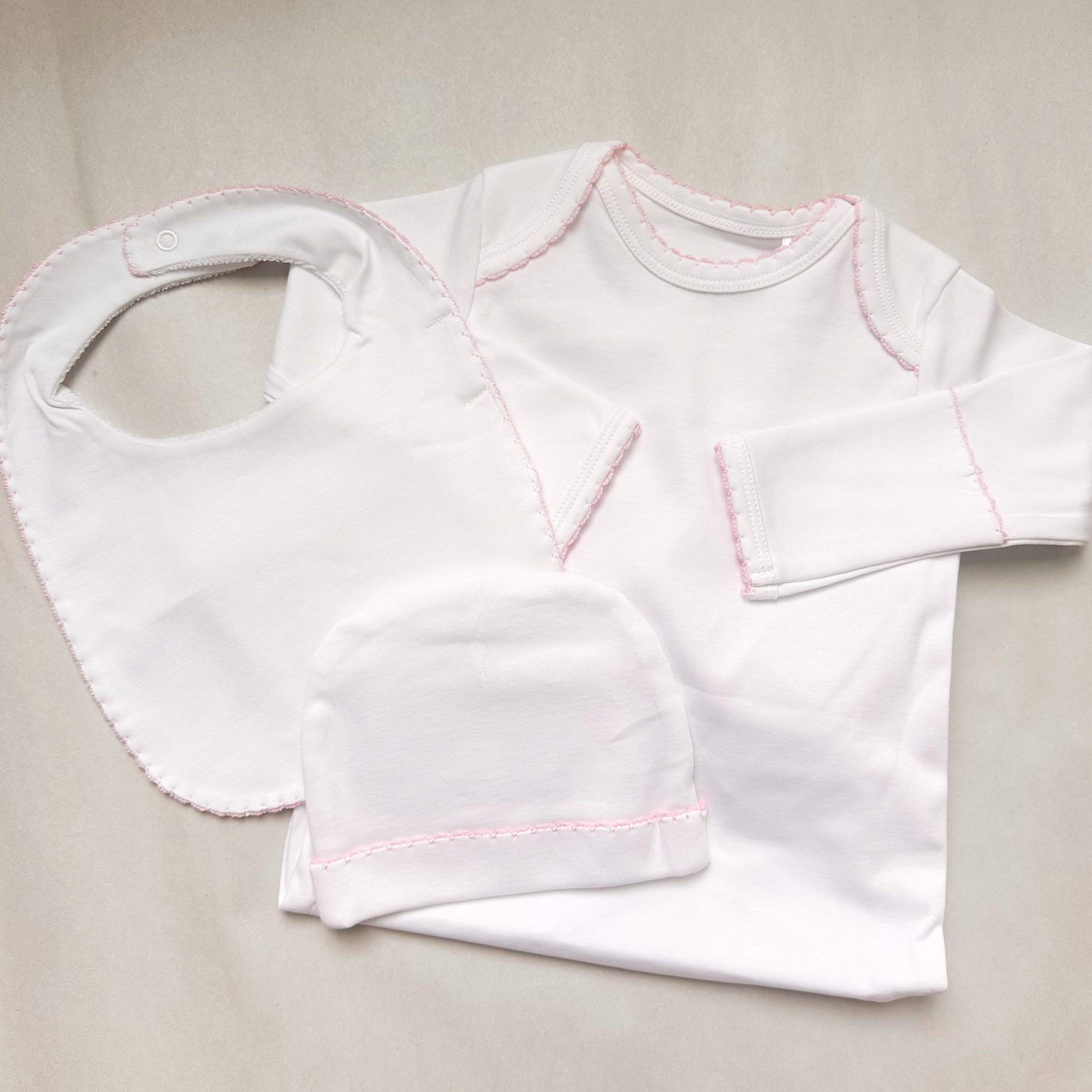 baby girl trim gown bib and hat
